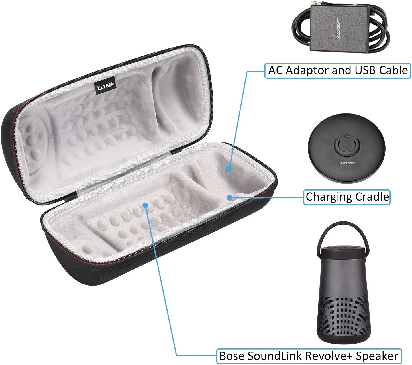Travel Protective Case for Bose Soundlink Revolve+ or Revolve+ (Series II) Portable & Long-Lasting Bluetooth 360 Speaker (Fits Charging Cradle, AC Adaptor and USB Cable)