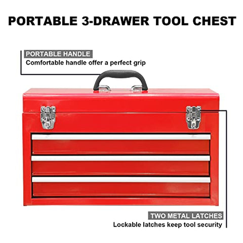 BIG RED ANTBD133-XB Torin 20" Portable 3 Drawer Steel Tool Box with Metal Latch Closure, Red