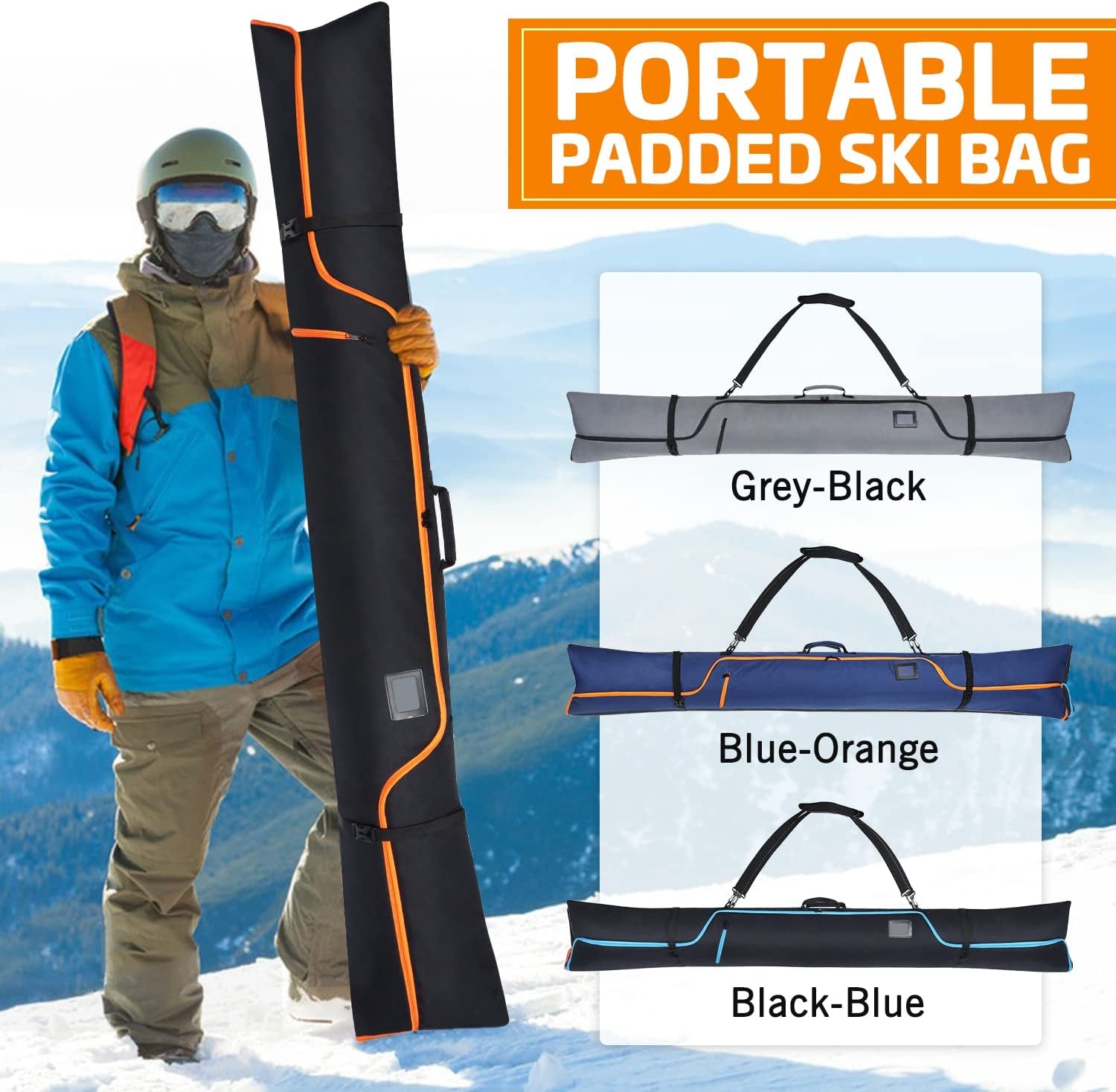 Indusky Ski Bag, Waterproof Full Padded Ski Bag for Air Travel, 900D Polyester Adjustable Length Ski Bag Fit Skis up to 200Cm, Portable Snow Travel Ski Bag with Removable Padded Shoulder Strap