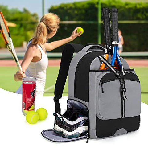 GOBUROS Tennis Backpack for Men/Women, Tennis Bag with Separate Ventilated Shoe Compartment, Multifunctional Sports Bag for Tennis/Badminton/Pickleball/Squach Racket and Accessories