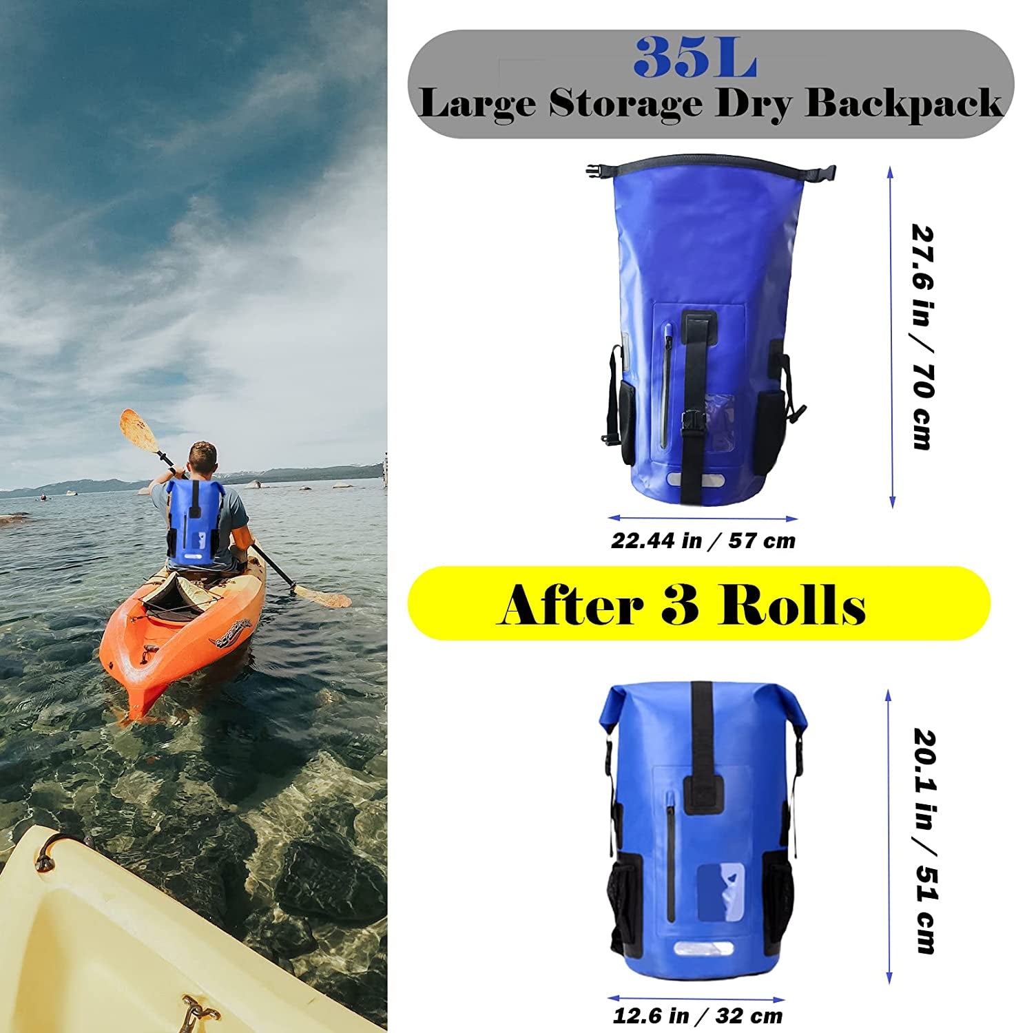 LEWEREST Dry Bag Backpack Waterproof 35L, Heavy Duty Dry Bags for Kayaking Waterproof with Roll-Top Closure, Front & Side Pocket and Soft Padded Backpack Straps, Dry Sack for Boating Sailing Canoeing