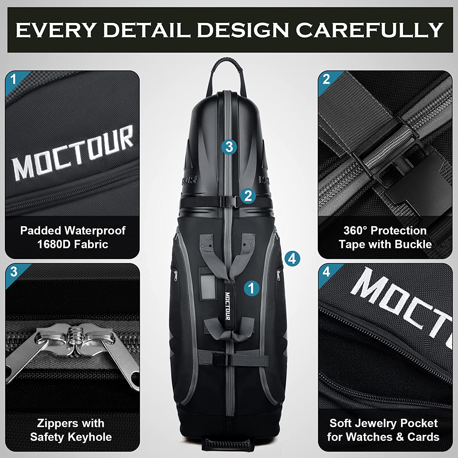 MOCTOUR Golf Travel Bags for Airlines with Wheels & ABS Hard Case Top, Lightweight, Waterproof 1680D Oxford Fabric & Oversize Tank Wheels