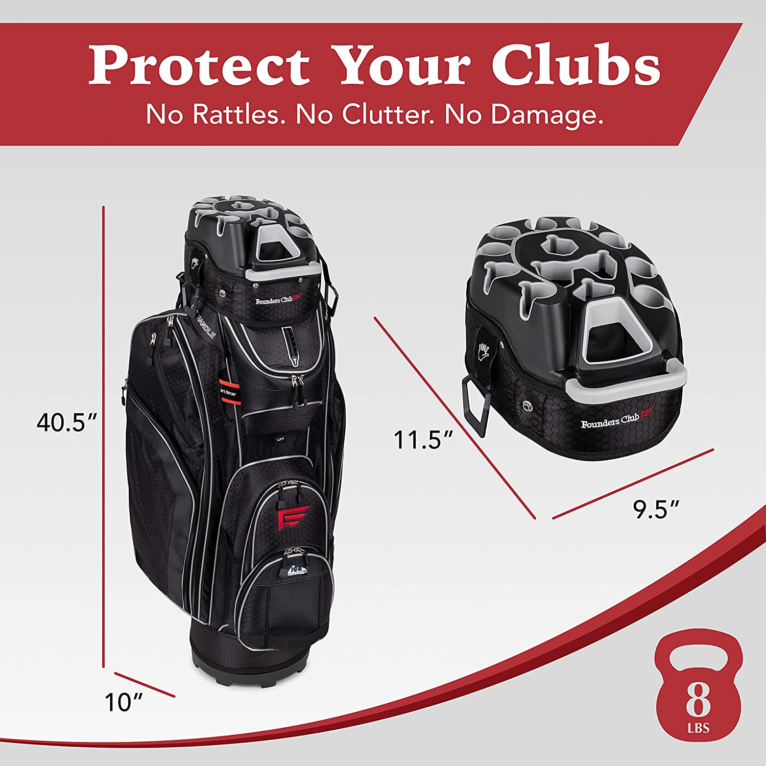 Founders Club Premium Cart Bag with 14 Way Organizer Divider Top, Black/Red