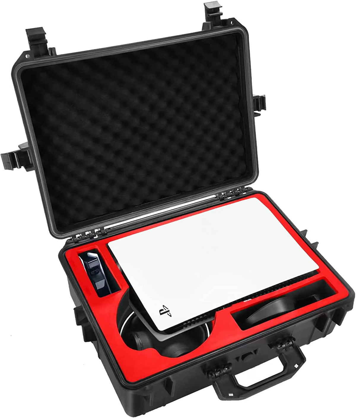 Premium Waterproof Travel Hard Case for PS5 - Heavy Duty Carrying Case Fits Playstation 5 Console, Headset, 2 Controllers, Games, Stand, Dualsense Charging Station, Cables and Other Accessories, Red