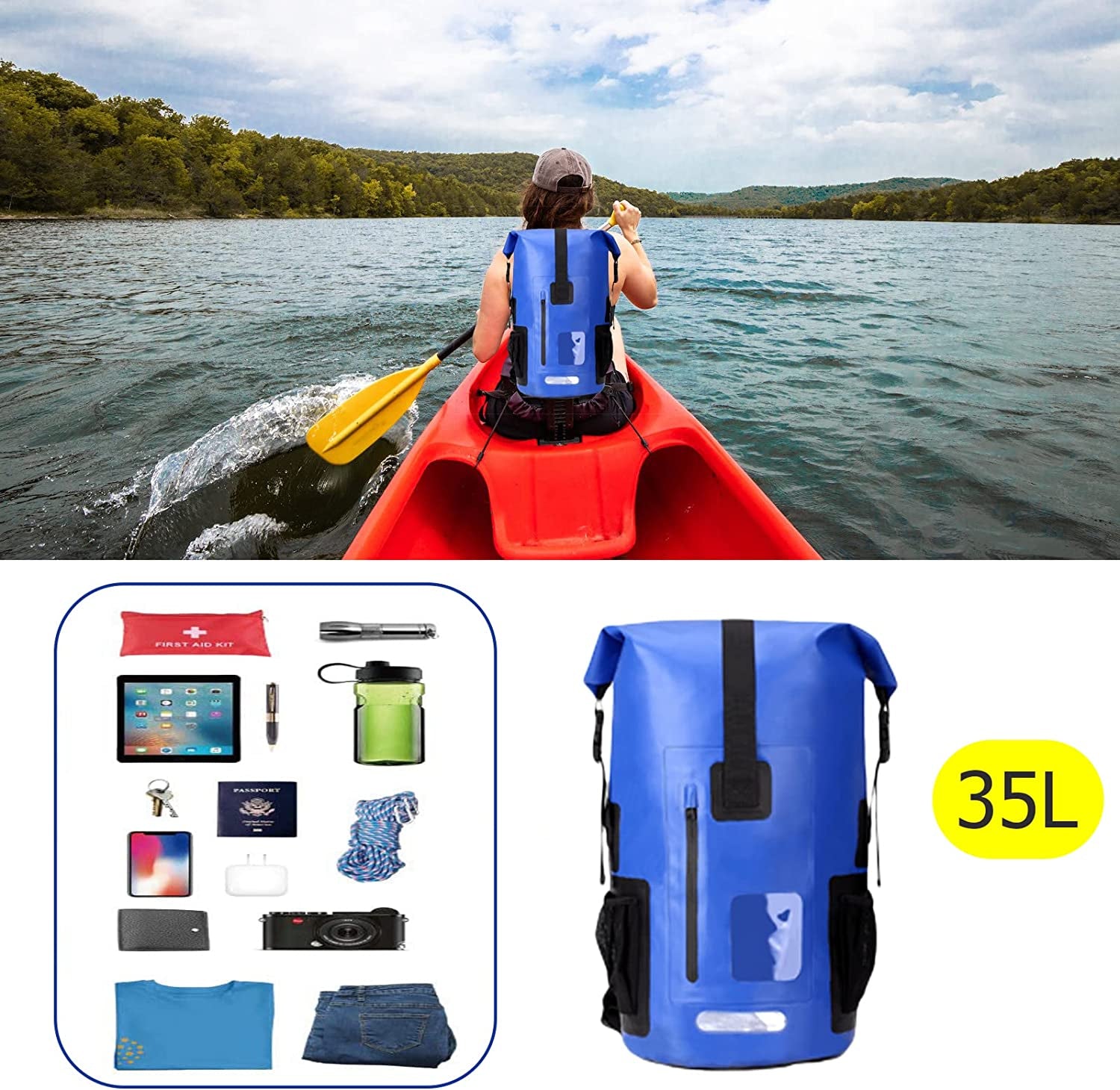 LEWEREST Dry Bag Backpack Waterproof 35L, Heavy Duty Dry Bags for Kayaking Waterproof with Roll-Top Closure, Front & Side Pocket and Soft Padded Backpack Straps, Dry Sack for Boating Sailing Canoeing