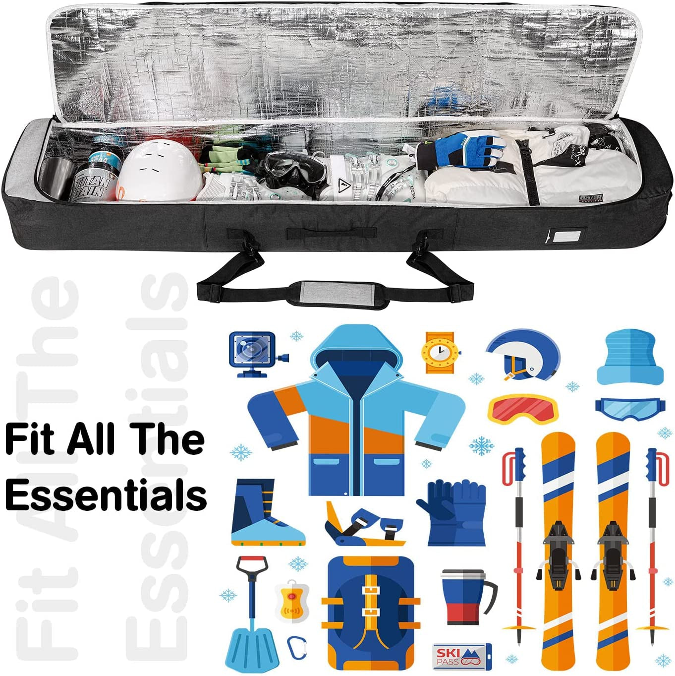 Padded Snowboard Bag Ski Bag 600D Water-Resistant Polyester Fits Board ,Bindings, Boots, Jacket, Pants, Helmet Unisex Bag for Air Travel