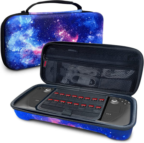 Galaxy Carrying Case Compatible with Steam Deck, Protective Hard Shell Carry Case Built-In AC Adapter Charger Storage, Portable Hard Storage Case with 16 Game Card Slots for Steam Deck Console & Accessories