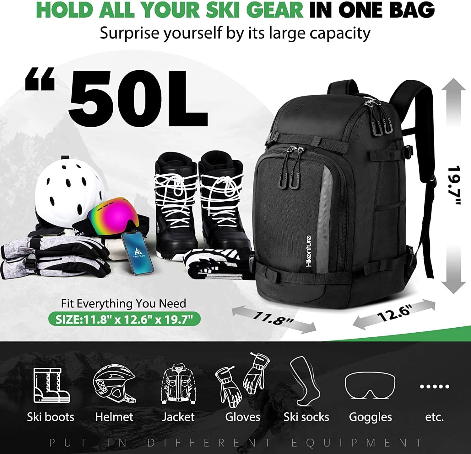 Hikenture Ski Boot Bag Backpack, 50L Padded Ski Bag & Snowboard Boot Bag with Drain Holes, Large Capacity Water-Resistant Ski Travel Bag for Ski Boots, Helmet, Goggles, Clothes, Gloves, Snowboard Gear