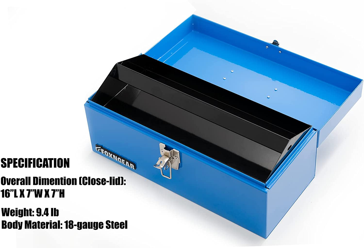 16" Portable Steel Heavy-Duty Tool Box 18-Gauge with Metal Latch and Handle Blue