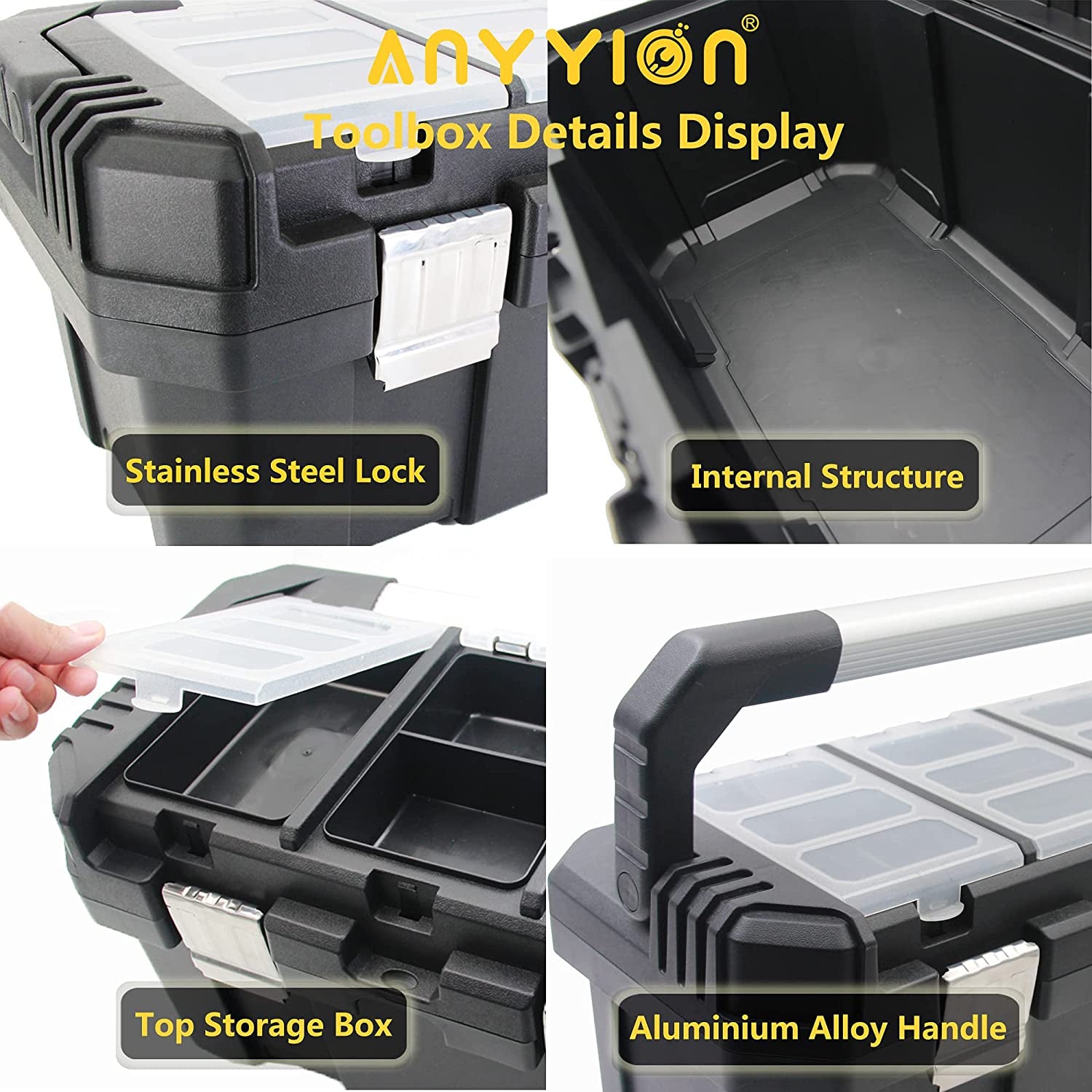 Anyyion 18-Inch Tool Box with Removable Tray with Stainless Steel Dual Lock Secured ,Small Parts Box, Metal Handle Is Truly Rugged（18In）