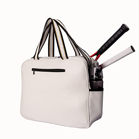 Remobia Hicol White PU Leather Women Large Sports Handbag Tennis Racket Shoulder Bag Tennis Tote Bag with Front Pocket for Tennis Racket, Pickleball Paddles, Padel Rackets, Badminton Racquet