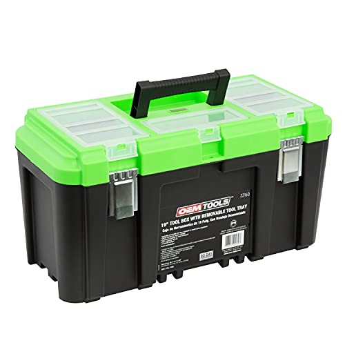 OEMTOOLS 22160 19" Tool Box with Removable Tool Tray, Security Slot for Padlocks, Easy Access Tool Box Multiple Compartments Lid, Max. Weight 40 Lb.