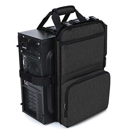 Trunab PC Tower Carrying Strap with Handle, Desktop Computer Case Belt Holder with Pockets for Keyboard, Cable, Headphone, Mouse, Ideal for Transporting On The Go, Black - Patented Design
