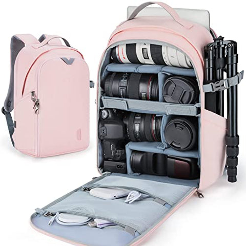 BAGSMART Camera Backpack, DSLR SLR Camera Bag Backpack Fits 15.6 Inch Laptop,Anti-Theft Waterproof Camera Case for Photographers and Women,with Rain Cover,Tripod Holder,Pink