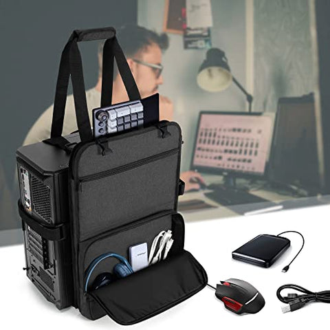 Trunab PC Tower Carrying Strap with Handle, Desktop Carrying Case with Pockets for Keyboard, Cable and Computer Accessories, Ideal for Transporting On The Go (Patented Design)