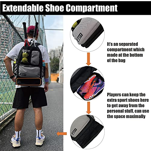 Holisogn Tennis Bag, Waterproof Durable Tennis Backpack with Extendable Shoe Compartment, Suitable For Tennis Racket, Pickleball Paddles, Badminton Rackets (Black Grey HLS031)