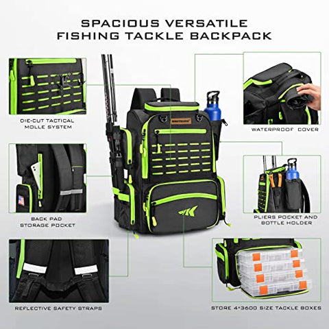 KastKing Bait Boss Fishing Tackle Backpack with Rod Holders,4 Tackle Boxes,Waterproof Protective Rain Cover,34L Large Storage Waterproof Tackle Boxes for Fishing,Camping, Hiking,Outdoor Sports,Green