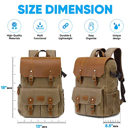 JAEP Camera Backpack - Weather Resistant 16 Ounces Waxed Memory Canvas – DSLR SLR Backpacks with 15.6” laptop sleeve compartment and Tripod Holder for Photographers -Vintage leather Style (Khaki)
