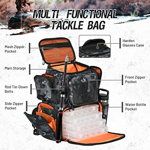 X Strike Fishing Tackle Backpack, 48L Large Fishing Bag with Rod Holders, 4 Tackle Box and Protective Rain Cover, Waterproof Tackle Storage Bag for Fishing, Camping, Hiking, Hunting.