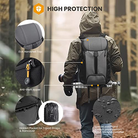 TARION Camera Backpack Large Camera Bag with Dual-Side Opening 15.6" Laptop Compartment Waterproof Raincover Outdoor Photography Hiking Travel Professional Photography Backpack Bag Grey HX-L