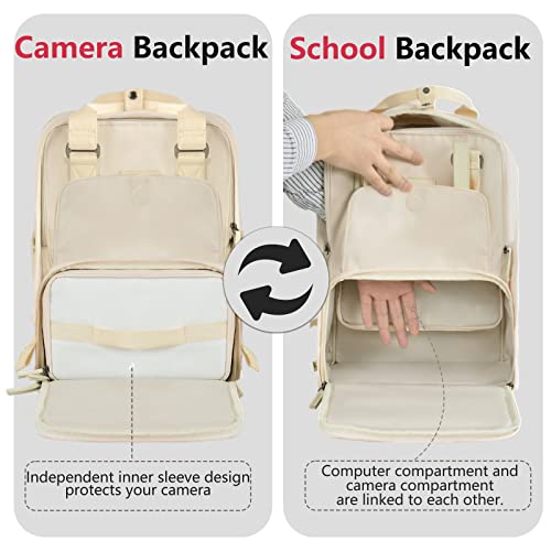 Cwatcun Camera Laptop Backpack, Camera bag for Canon Nikon Sony with Detachable Insert Portable Camera Case fit 15.6" Laptop Waterproof DSLR SLR Mirrorless Photography Bag with Tripod Straps, White