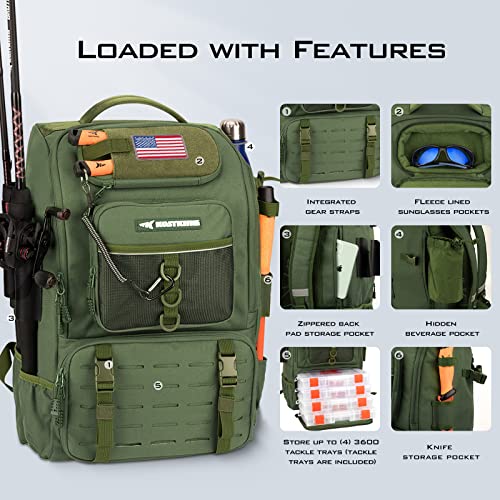 KastKing Karryall Fishing Tackle Backpack with Rod Holders 4 Tackle Boxes,40L Large Storage Water-resistant Fishing Bag Store Fishing Gear and Equipment for Fishing,Camping,Hiking,Outdoor Sport
