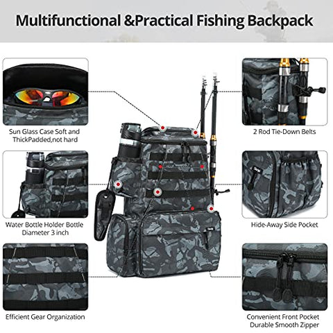 Sucipi Fishing Tackle Backpack Outdoor Large Fishing Tackle Bag Water-Resistant Fishing Backpack with Rod Holder and Fishing Pliers for Trout Fishing Camping Hiking
