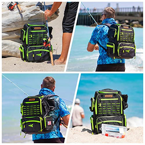 KastKing Bait Boss Fishing Tackle Backpack with Rod Holders,4 Tackle Boxes,Waterproof Protective Rain Cover,34L Large Storage Waterproof Tackle Boxes for Fishing,Camping, Hiking,Outdoor Sports,Green