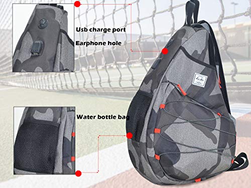 d'yallee Tennis Bag for Men Women, Racquetball Pickleball Paddle Squash Sling Bags Crossbody Sports Backpack Adult with USB Charge Port (Camouflage)