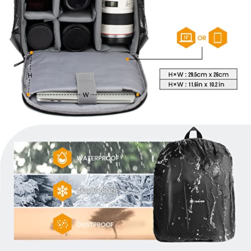 TARION Camera Bag Professional Camera Backpack with Rain Cover Laptop Compartment Waterproof Photography Backpack Case for Women Men Photographers DSLR SLR Mirrorless Camera Lens Tripod Black TB-S