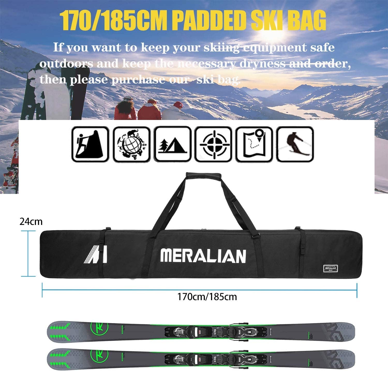 MERALIAN Padded Ski Bag,Waterproof Full Padded Single Ski Travel Bag with Adjustable Shoulder Strap.