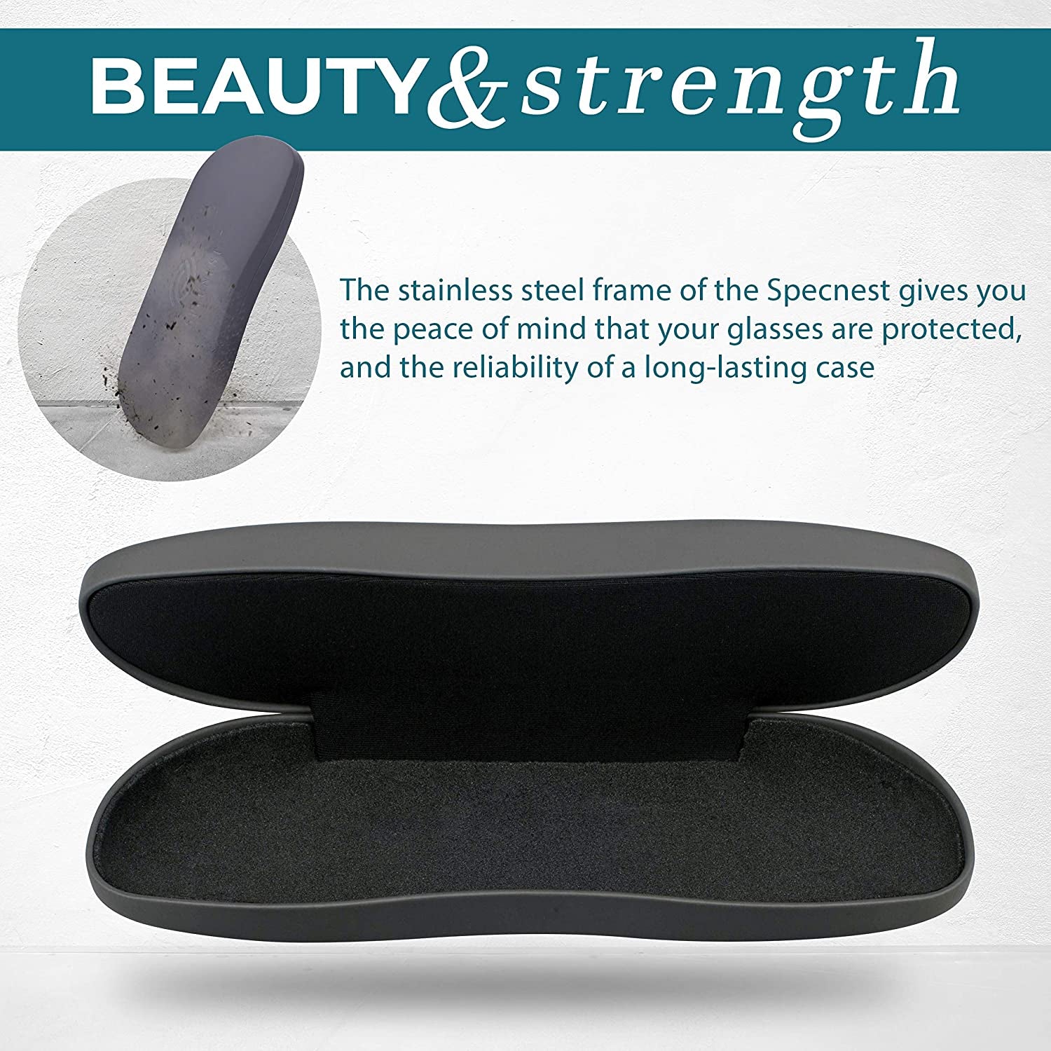 Specnest Eye Glass Case - Thin and Slim Hard Shell Glasses Case for Eyeglasses - Stainless Steel Shell with Vegan Leather for a Modern Professional Look - Hard Glasses Case