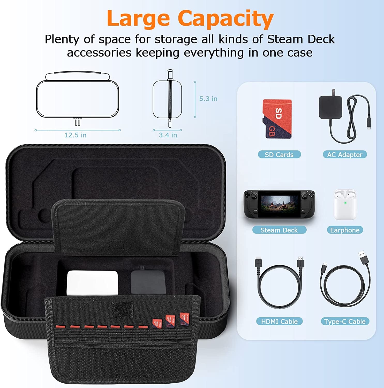 Carrying Case Compatible with Steam Deck - Fit Charger AC Adapter - with 10 SD Games Cartridges & Stand Hard Shell Travel Pouch for Steam Deck Console & Accessories, Black [Updated Version]