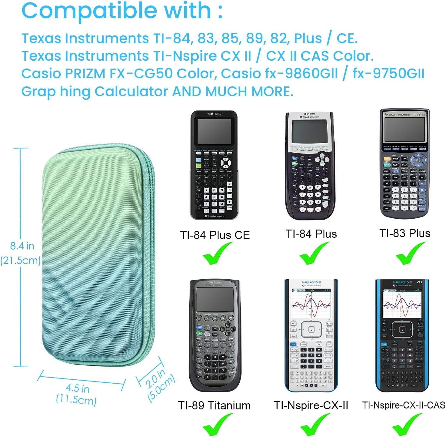 Graphing Calculator Carrying Case for Texas Instruments Ti-Nspire CX II Cas/Tl-Nspire-Cx-Ll, TI-84 plus CE/TI-84 plus Color Graphing Calculators - with Mesh Pockets, Pen Slots, Seaside Ombre