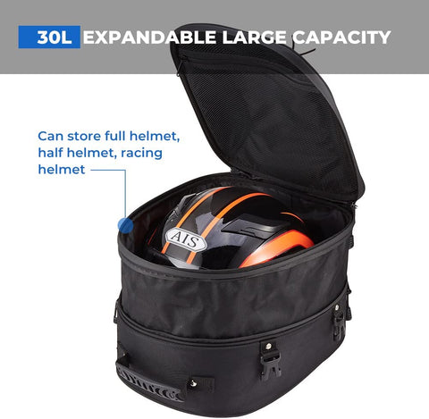 Kemimoto Motorcycle Tail Bag, Dual Use Motorcycle Rear Seat Bag with Waterproof Rain Cover, 30L Expandable Motorbike Helmet Bag Luggage Storage Backpack with 6 Straps
