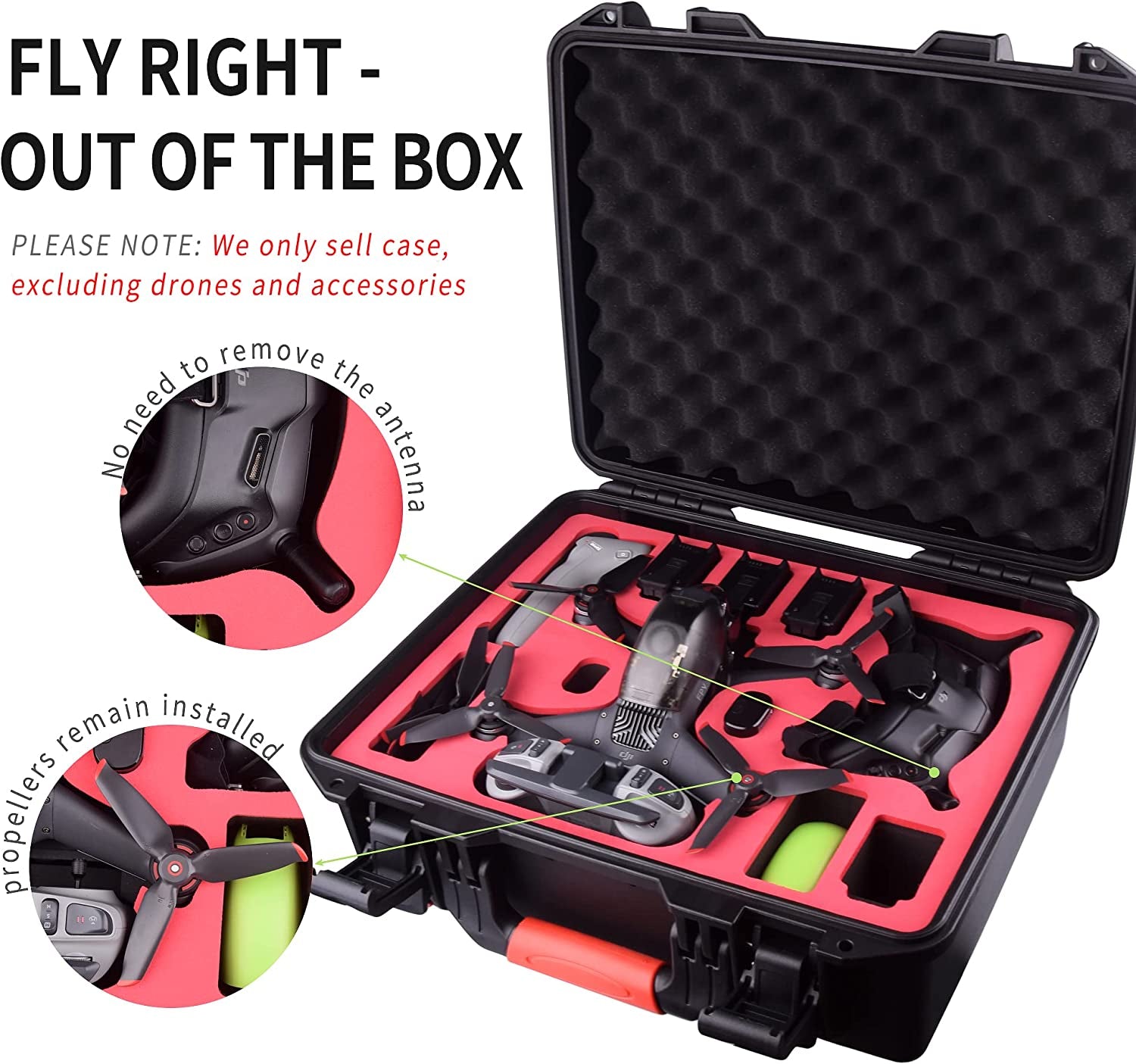 Professional Carrying Hard Case for DJI FPV and Accessories - Fits 6 Batteries - Keep Props On