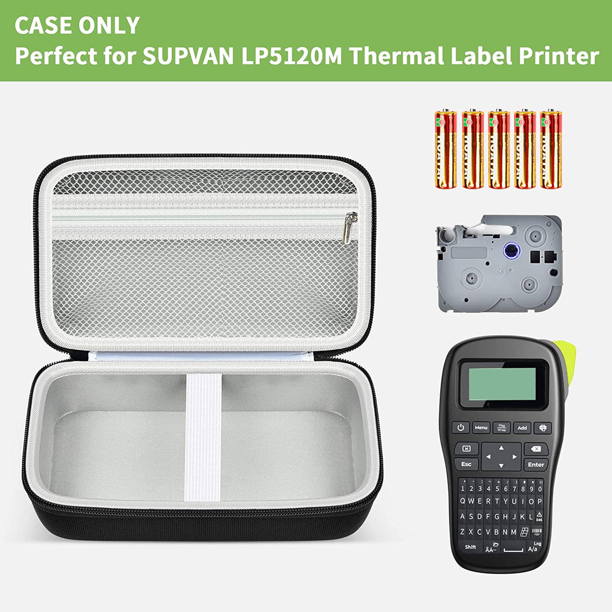 Case Compatible with SUPVAN LP5120M Thermal Label Printer, Holder for Label Maker Machine & Laminated Label Tape, Box with Mesh Pocket for Batteries Tapes Refills Accessories (Case Only