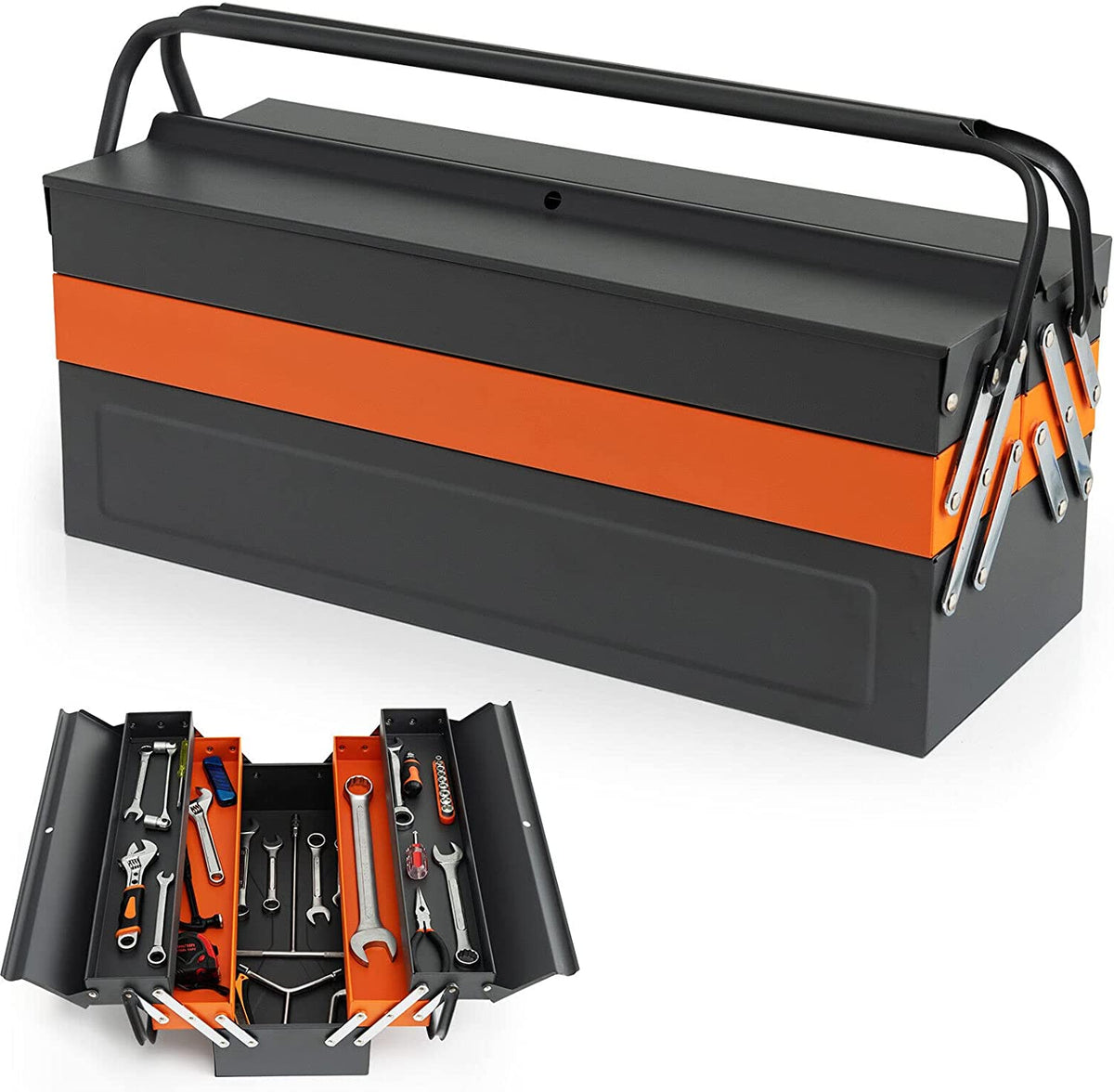 Nightcore 27” X 21” X 8.5” Metal Tool Box, 5-Tray Cantilever Tool Box with 3 Levels Fold Out Organizer Storage, Portable Folding Tool Organizer with Padlock Eyes