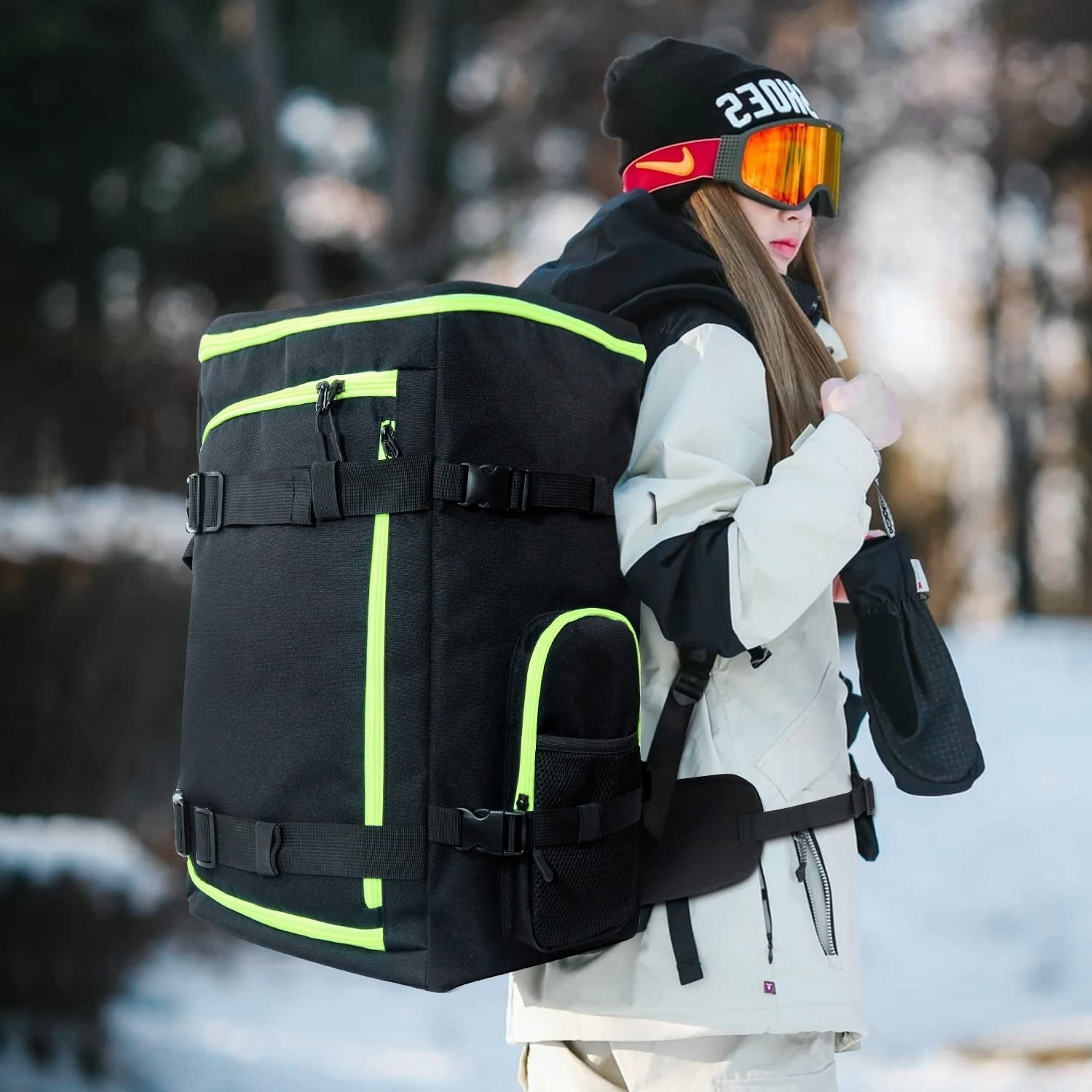 Bevalsa 60L Ski Boot Bag Backpack, 900D Waterproof Snowboard Boot Bag, Skis & Snowboard Combo Bag, Ski Helmet Bag Travel Bag for Ski Helmet, Goggles, Gloves, Skis, Snowboard & Accessories