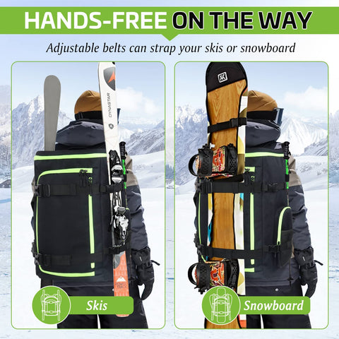 Bevalsa 60L Ski Boot Bag Backpack, 900D Waterproof Snowboard Boot Bag, Skis & Snowboard Combo Bag, Ski Helmet Bag Travel Bag for Ski Helmet, Goggles, Gloves, Skis, Snowboard & Accessories
