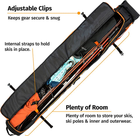 Premium Padded Ski Bag for Air Travel - Single Ski Carry Bags for Cross Country, Downhill, Ski Clothes, Snow Gear, Poles and Accessories for Ski Carrier Travel Luggage Case - for Men and Women