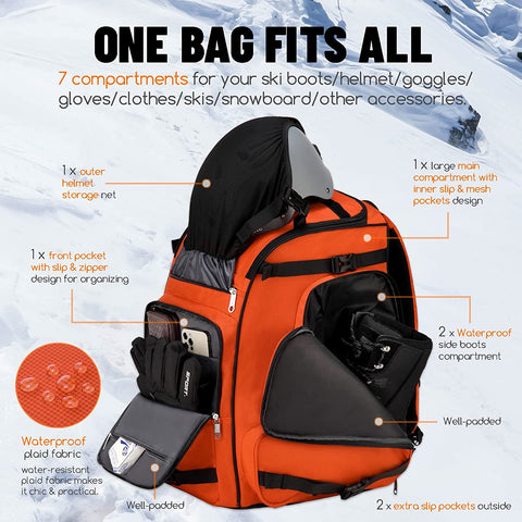 Ski Boot Bag for Ski Helmet Jacket Goggles Gloves Skis Snowboard & Accessories 50L Large Capacity Travel Backpack for Skiing Snowboarding Gear Padded Waterproof Ski Equipment Bag for Adults & Youth