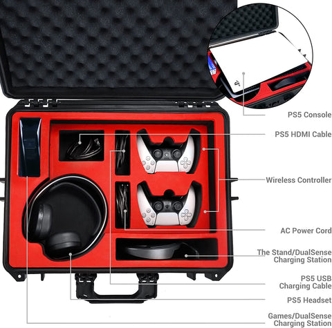 Premium Waterproof Travel Hard Case for PS5 - Heavy Duty Carrying Case Fits Playstation 5 Console, Headset, 2 Controllers, Games, Stand, Dualsense Charging Station, Cables and Other Accessories, Red