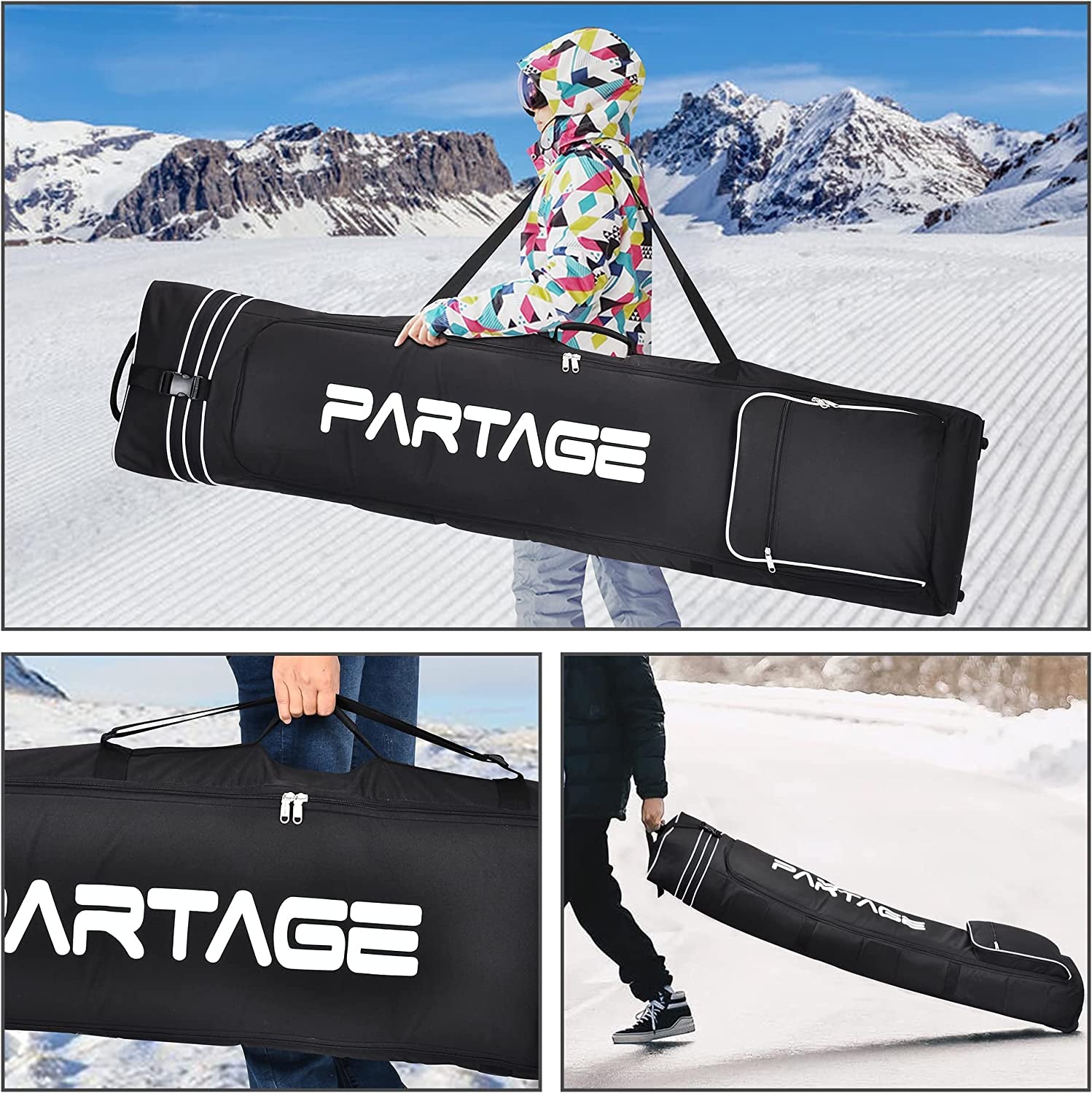 Partage Snowboard Bag with Wheels, Snowboard Bag for Air Travel, Adjustable Length up to 170 Cm, 600D Waterproof Oxford -Black