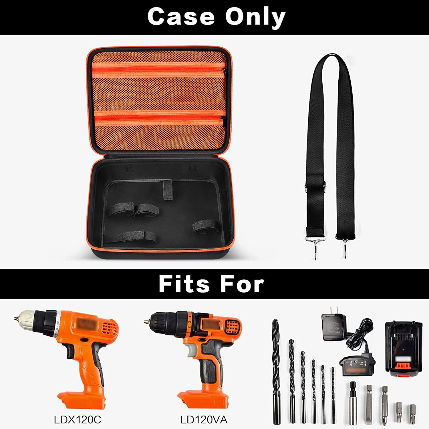 Case Compatible with BLACK+DECKER 20V MAX Cordless Drill/Driver(Ld120Va/ LDX120C), Interchangeable Battery and Charger Storage Organizer Holder, Mesh Pocket for Drill Bits Accessories - Bag Only