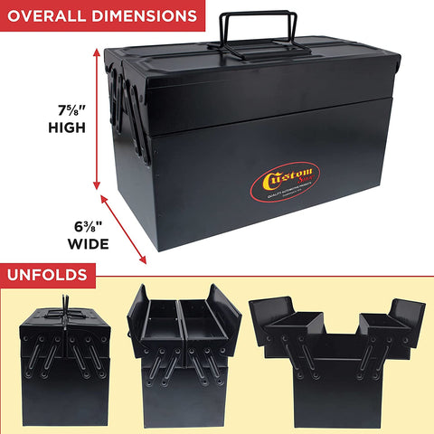 Custom Shop Metal Folding Storage Box - Toolbox, Storing Auto & Household Tools, Auto Body Tools, Pinstriping Supplies - 2-Levels with Organizer Compartments, General Purpose, Fishing Tackle, Portable