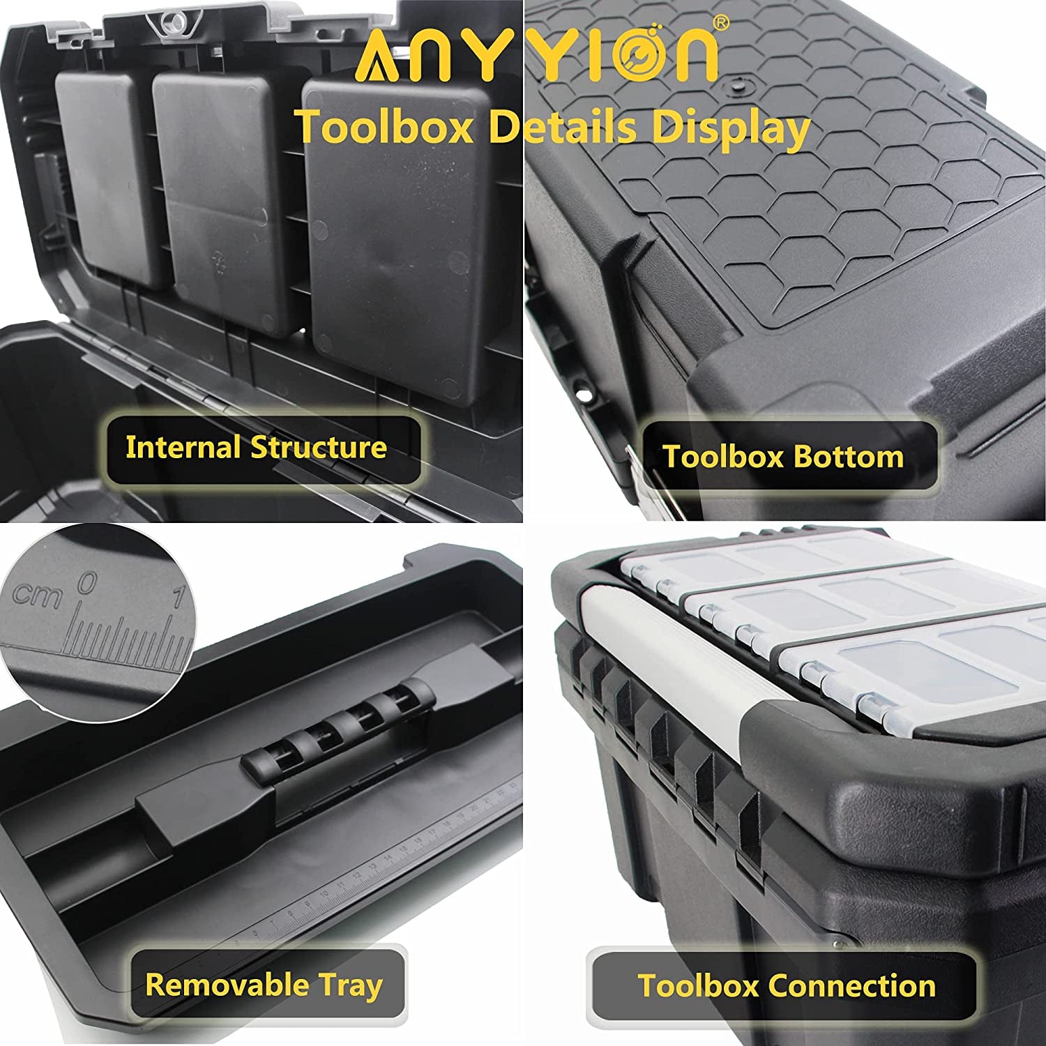 Anyyion 18-Inch Tool Box with Removable Tray with Stainless Steel Dual Lock Secured ,Small Parts Box, Metal Handle Is Truly Rugged（18In）