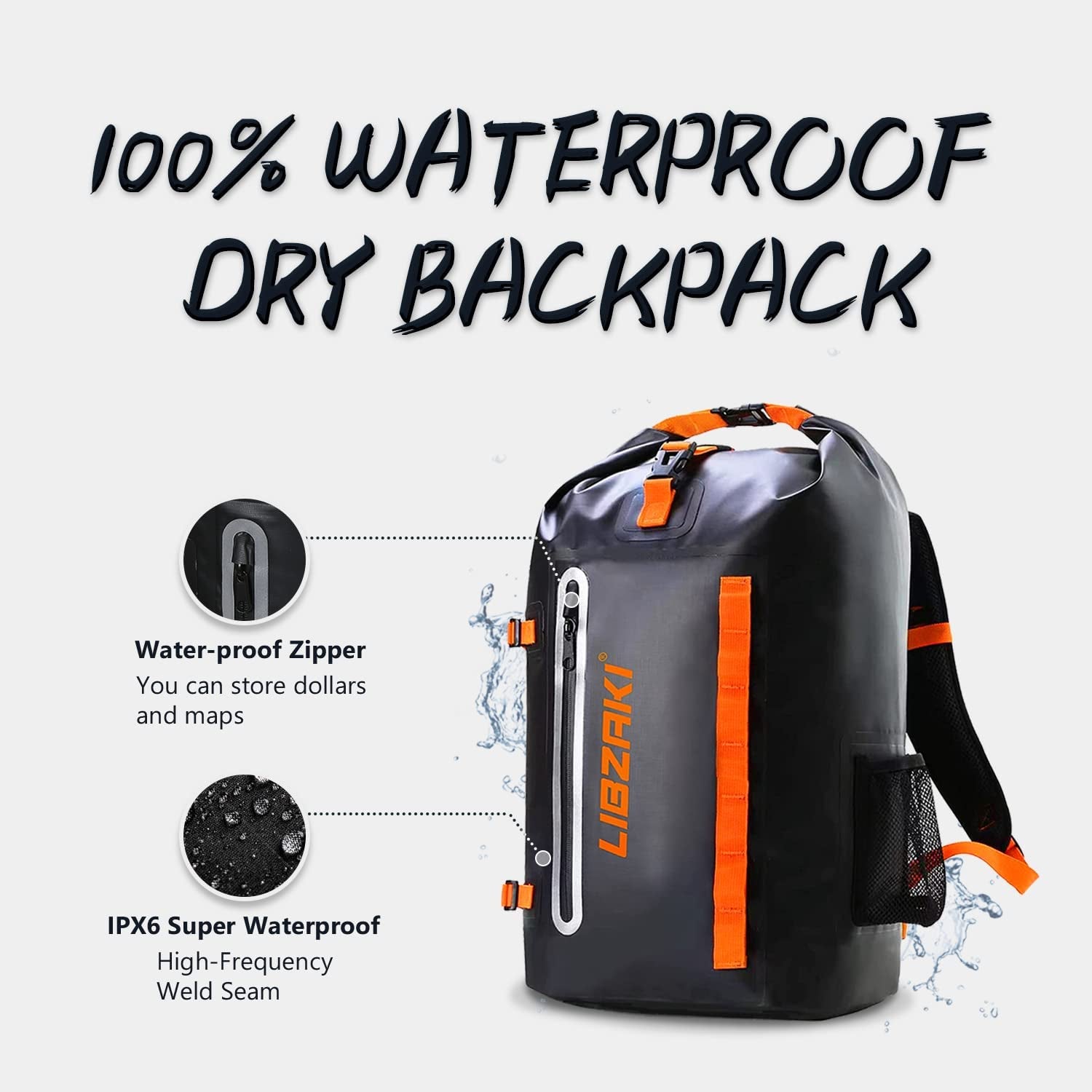 LIBZAKI 35L Waterproof Floating Backpack with Heavy Duty Roll-Top Closure and Exterior Zippered Pocket-Black