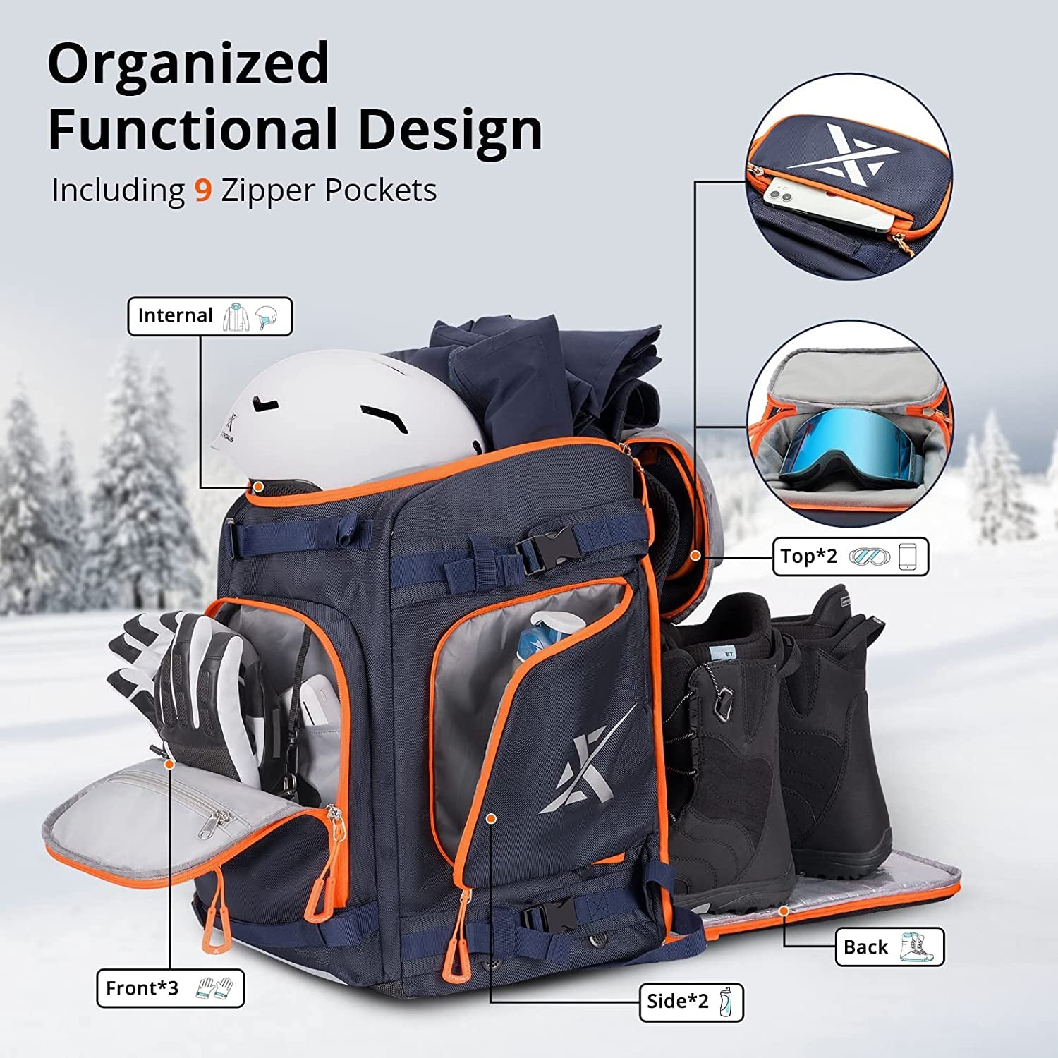 Extremus Ski Boot Bag, 70L Waterproof Snowboard Backpack,Large Capacity Ski Travel Bag Luggage for Ski Boots, Ski Helmet, Goggles, Gloves, Apparel & Skiing Gear Accessories