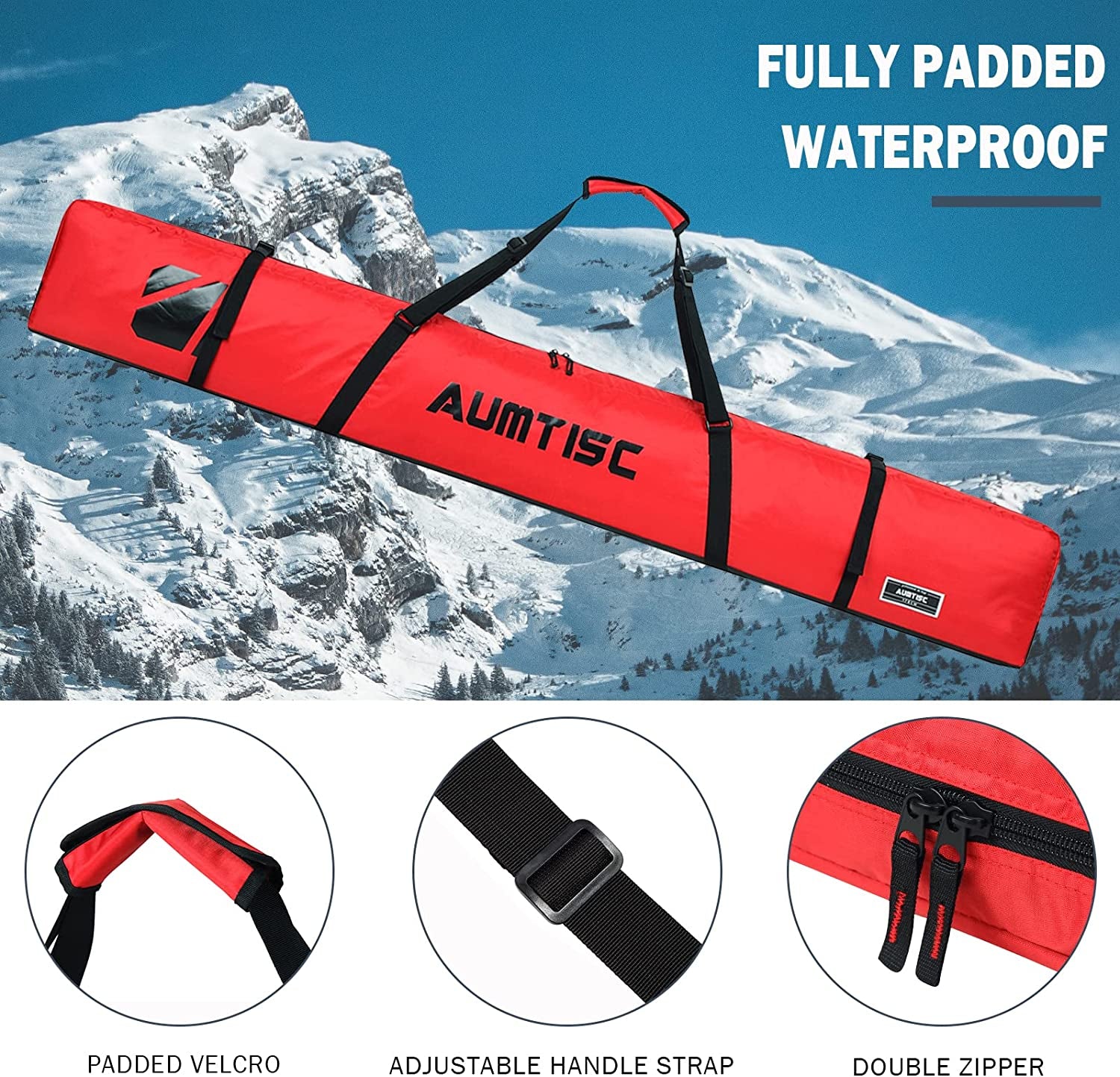AUMTISC Single Ski Bag Travel Padded to Transport Skis Gear Pocket with Adjustable Handle 170 185 Cm (2352)